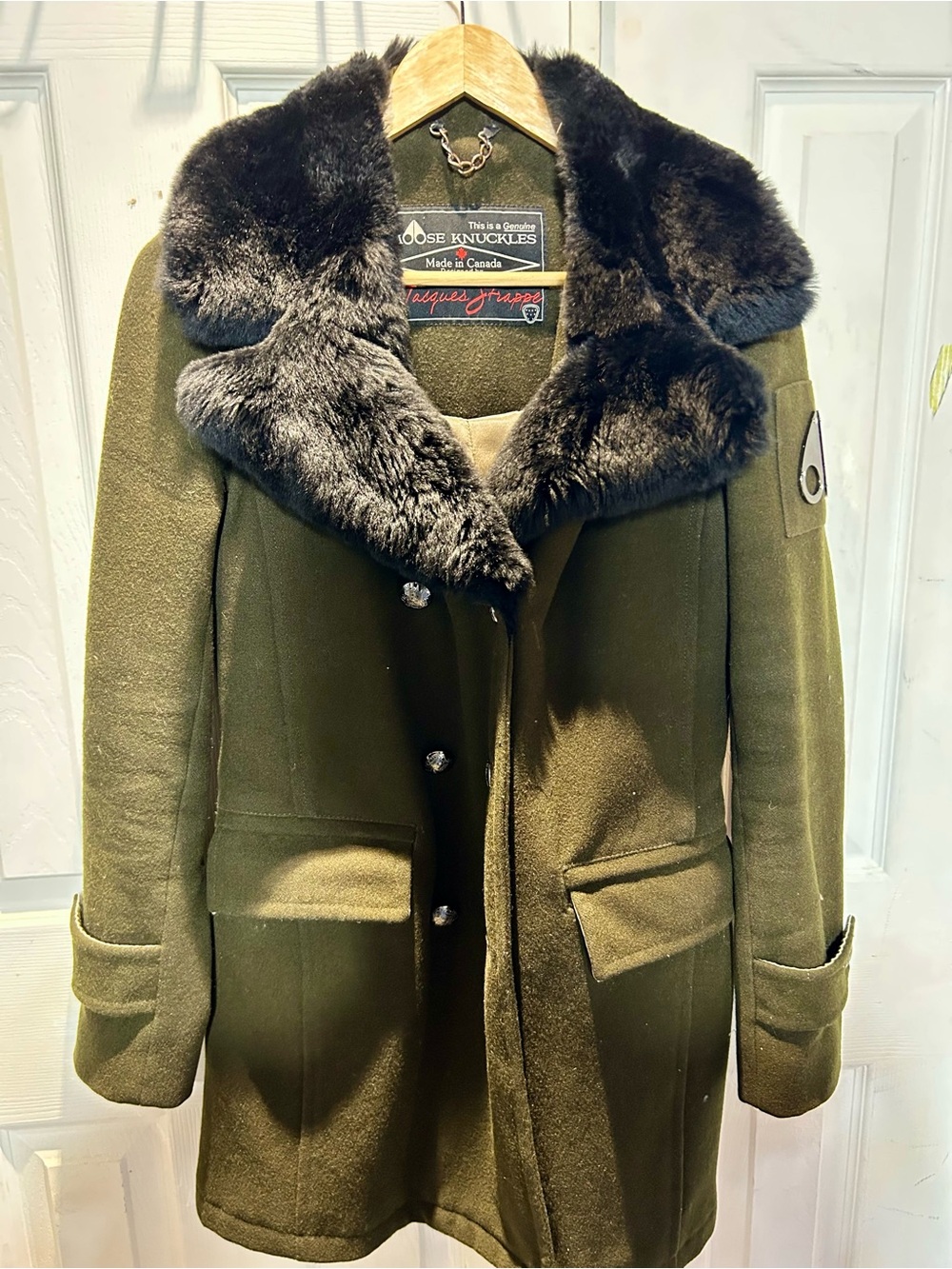 Moose Knuckles Olive Green Wool Pea Coat with Black Fur Collar